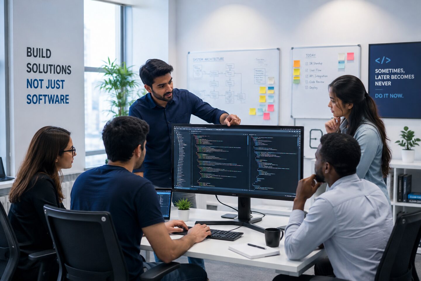 Remote development team collaborating on a product