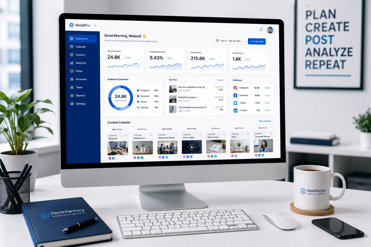 Social media content calendar and analytics